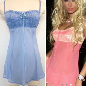 2004 Victoria’s Secret Silk Chiffon Blue Milkmaid Vintage Babydoll Slip Dress M🔥
